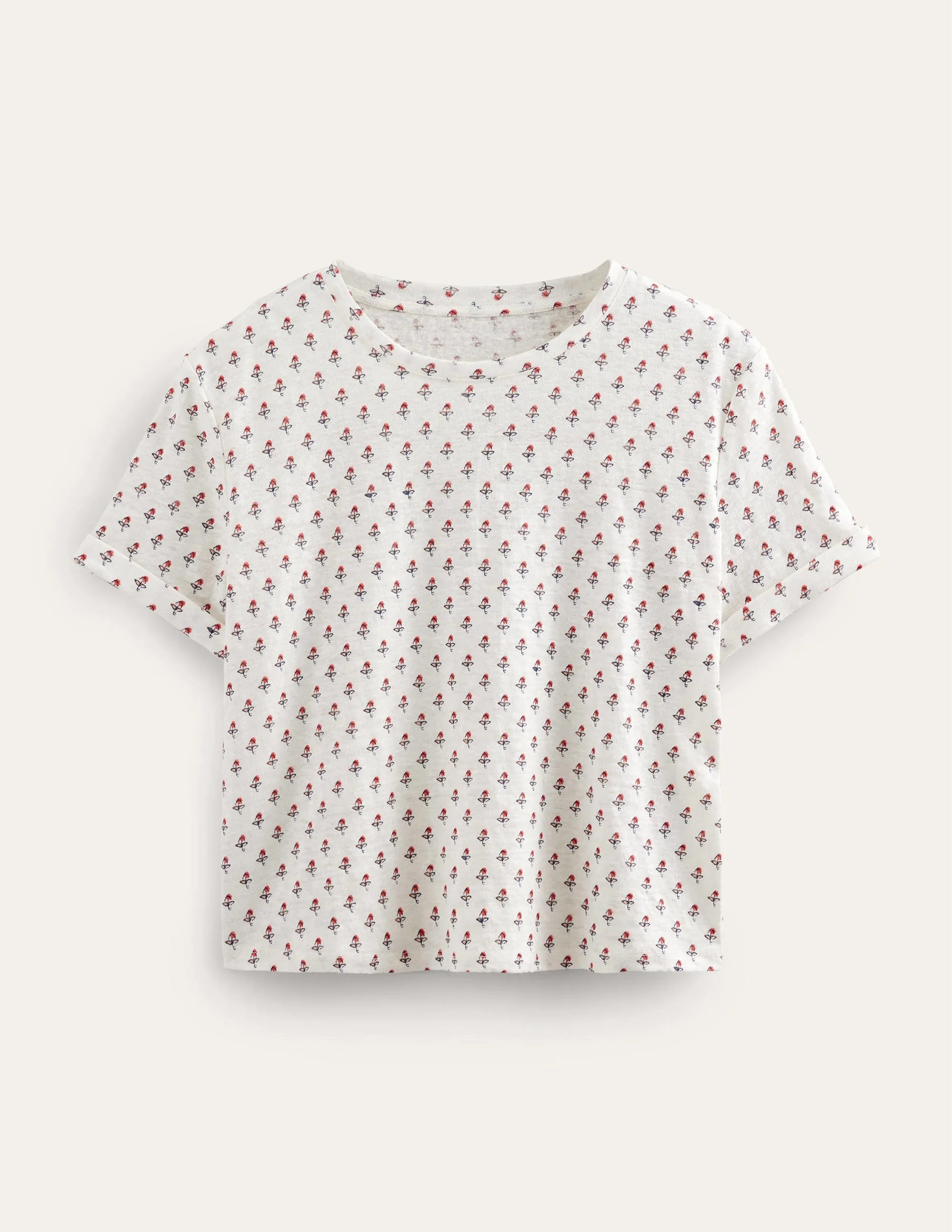Printed Linen T-shirt-Ivory, Tulip Blush