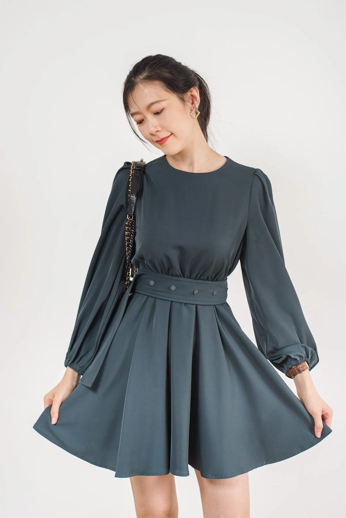 Puff Long Sleeves Button Belt Dress