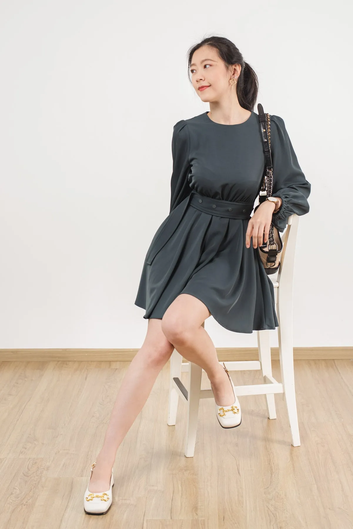 Puff Long Sleeves Button Belt Dress