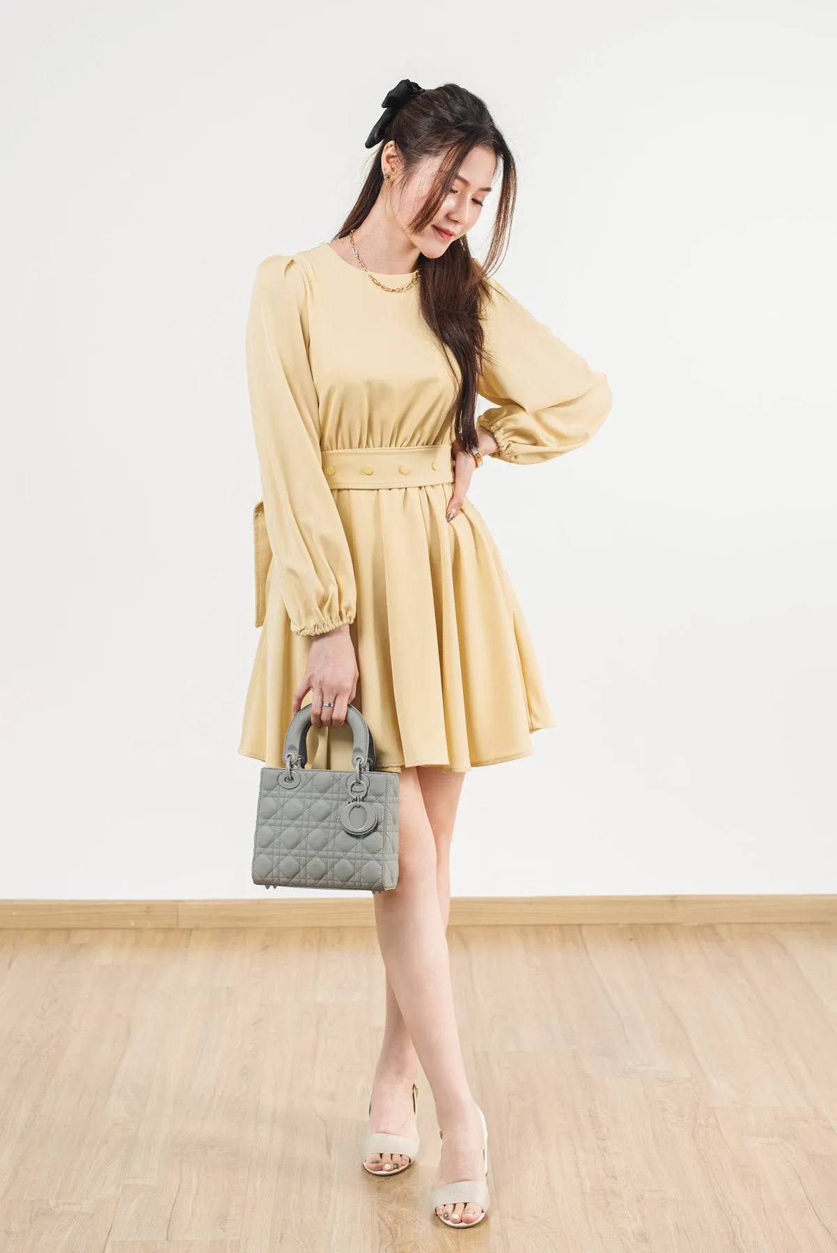 Puff Long Sleeves Button Belt Dress