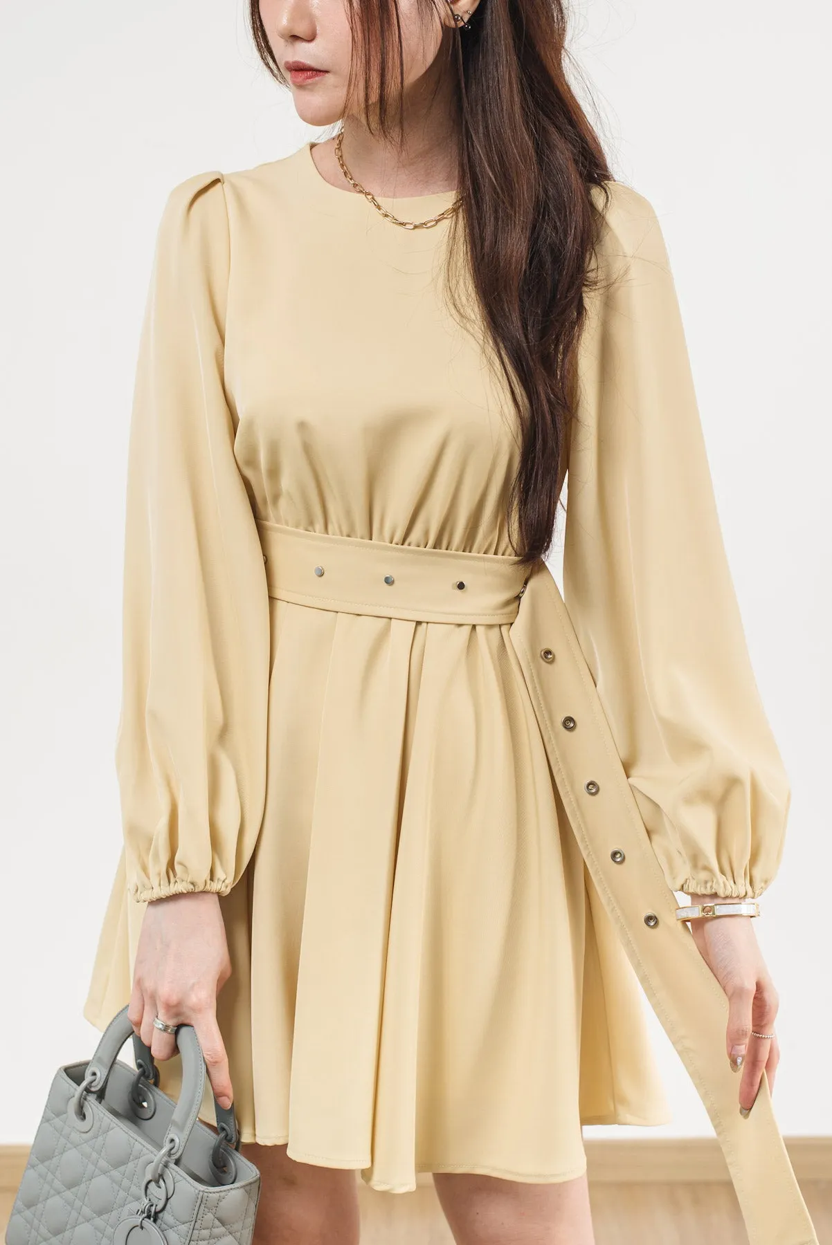 Puff Long Sleeves Button Belt Dress