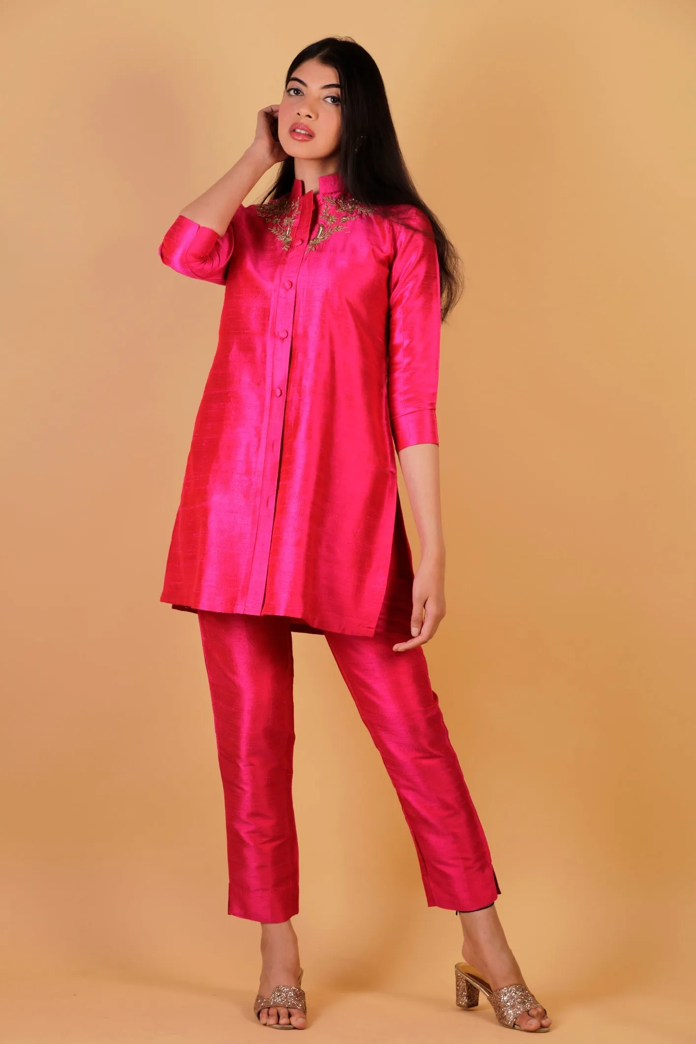 Pure Silk Dupion Hand- Embroidered Co-Ord Set