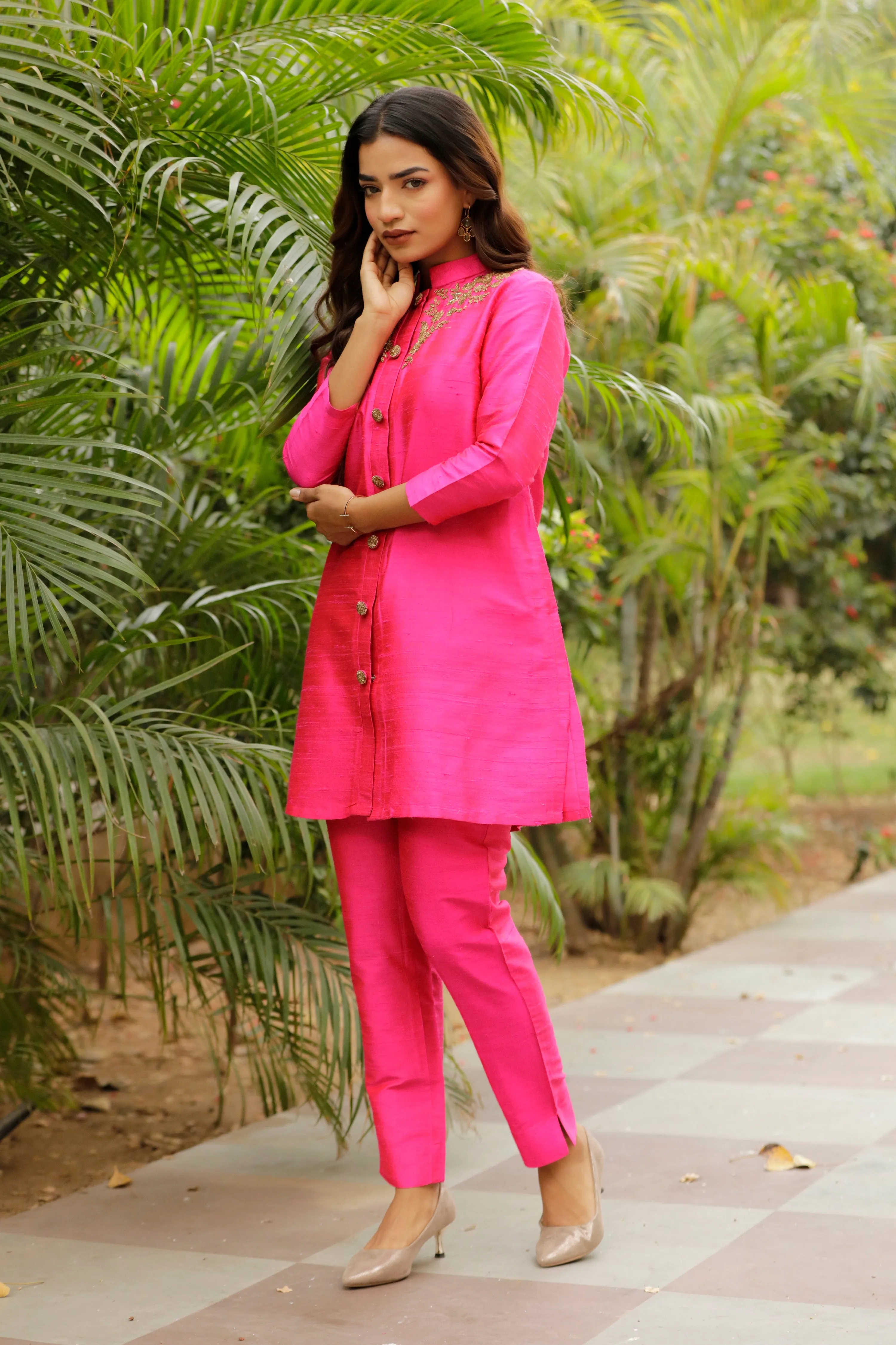 Pure Silk Dupion Hand- Embroidered Co-Ord Set