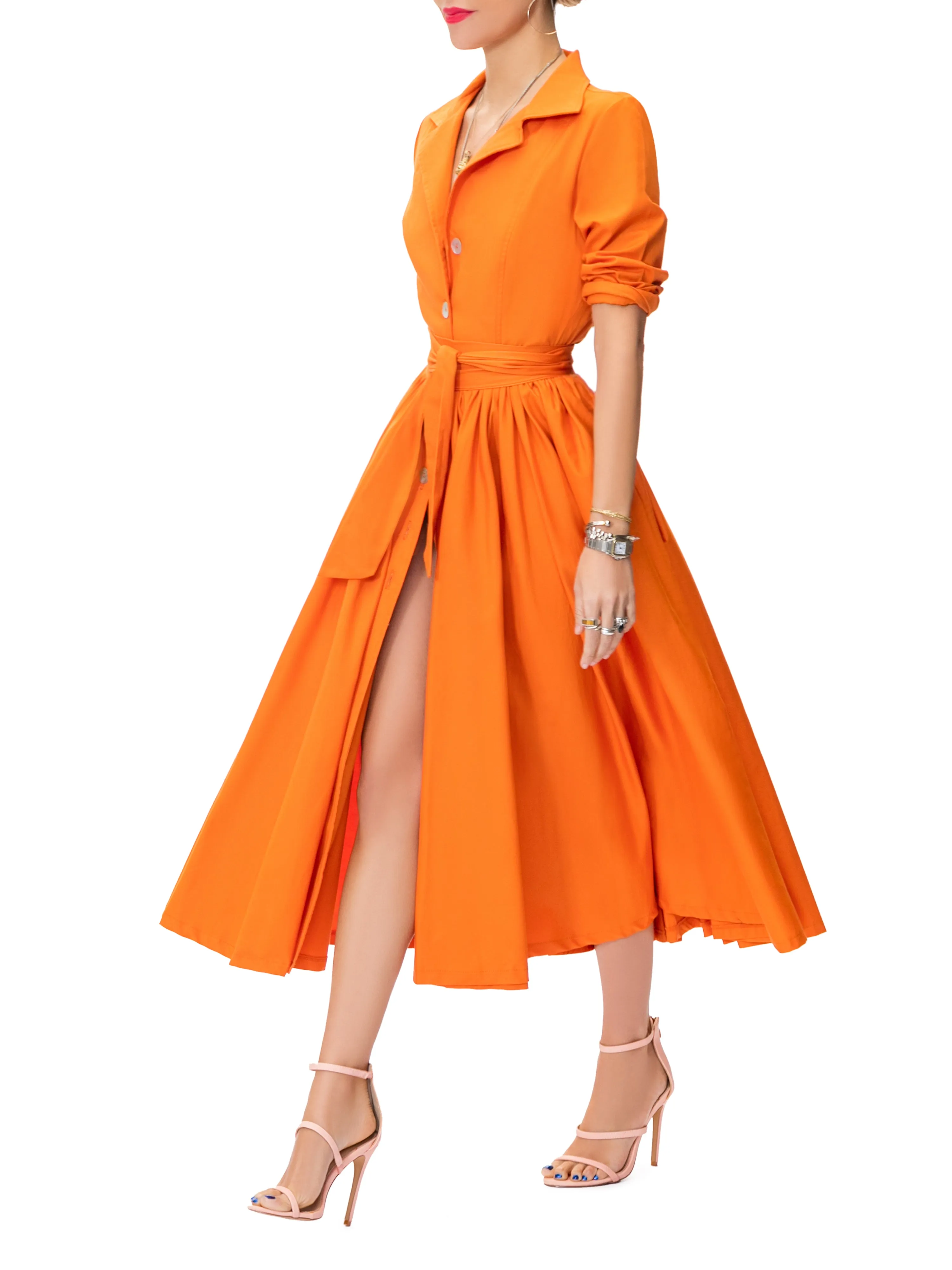 "Emily" Orange Midi Shirtdress