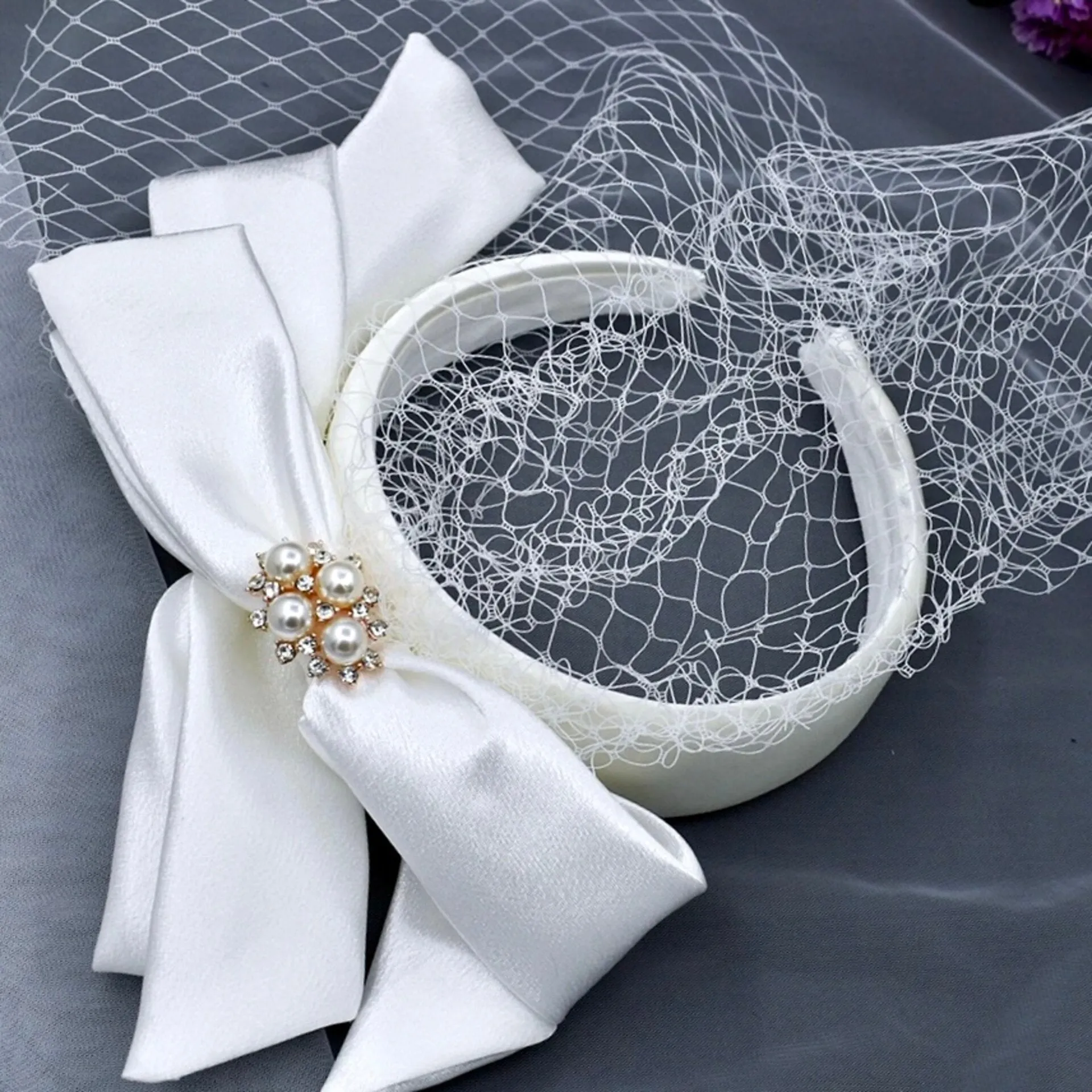 "Starly" - Bridal Birdcage Veil with Satin Headband and Bow