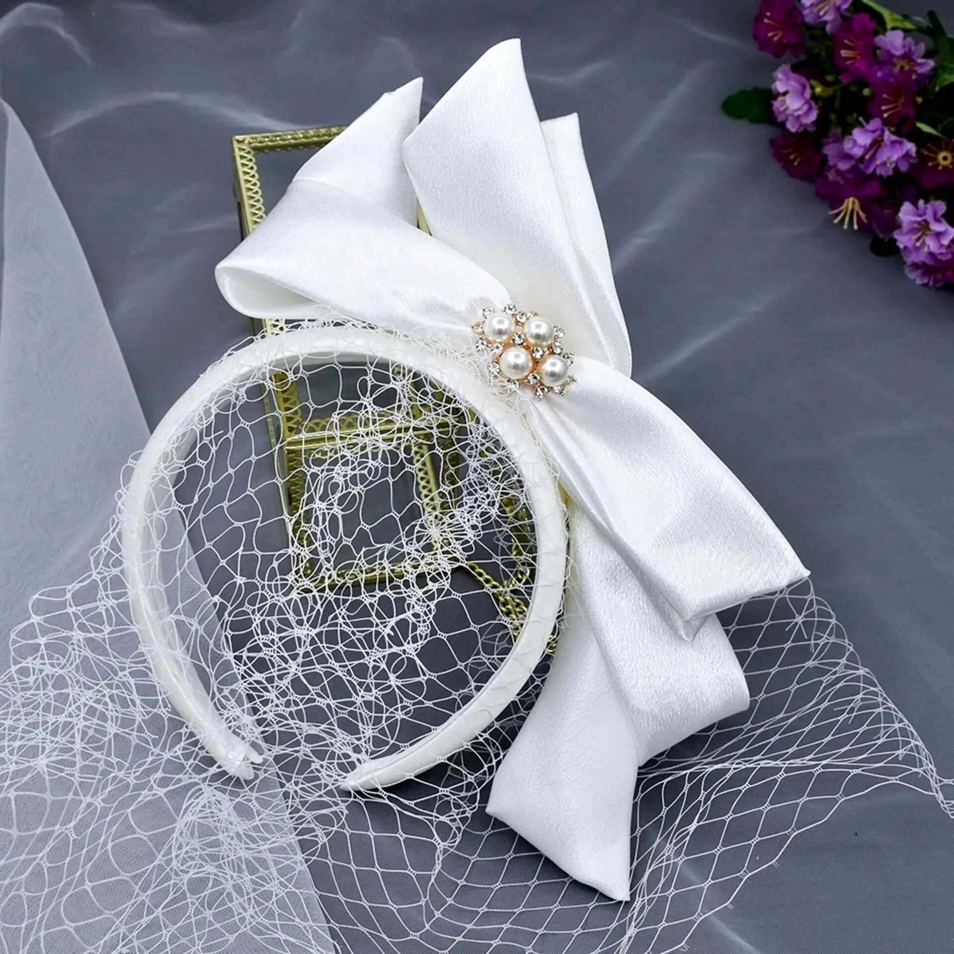 "Starly" - Bridal Birdcage Veil with Satin Headband and Bow