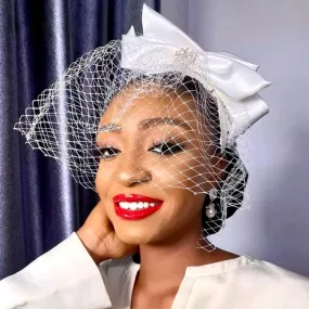 "Starly" - Bridal Birdcage Veil with Satin Headband and Bow