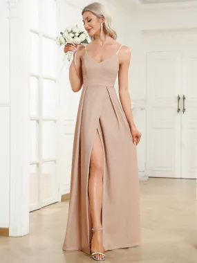 Raewyn thin strap sparkling ball gown with split in Blush s22 Express NZ wide