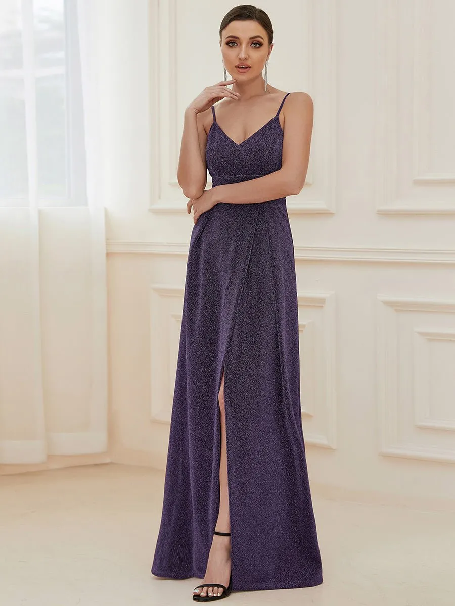 Raewyn thin strap sparkling ball gown with split in Purple s12 Express NZ wide
