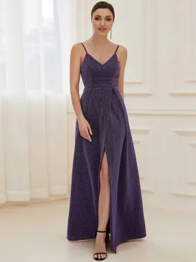 Raewyn thin strap sparkling ball gown with split in Purple s12 Express NZ wide