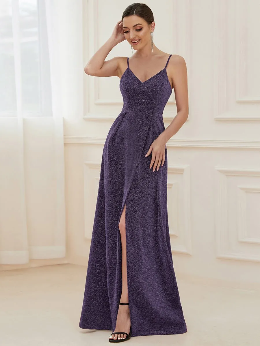 Raewyn thin strap sparkling ball gown with split in Purple s12 Express NZ wide