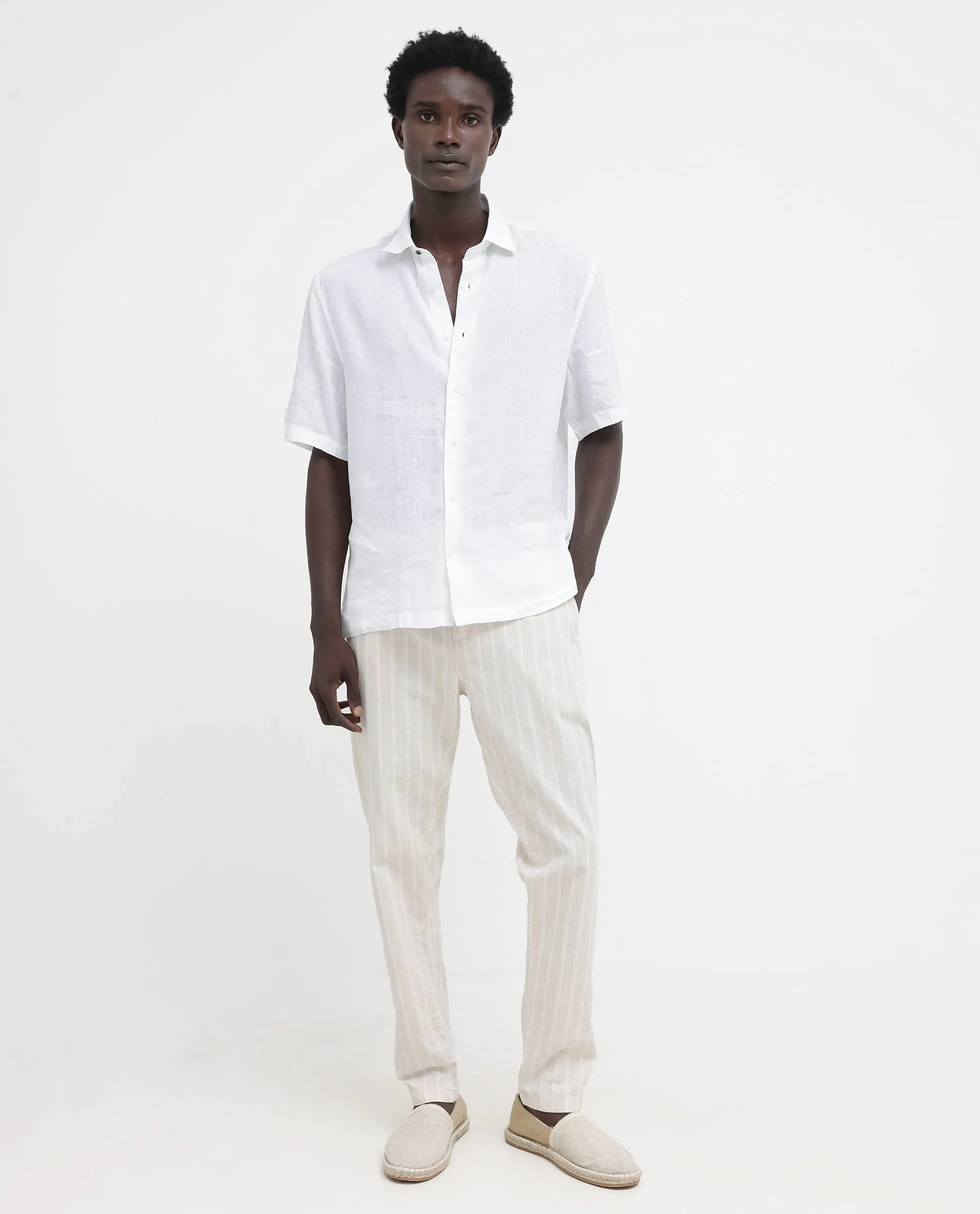 Rare Rabbit Men's Linex-1 SS White Linen Excel Fabric Half Sleeves Boxy Fit Solid Shirt