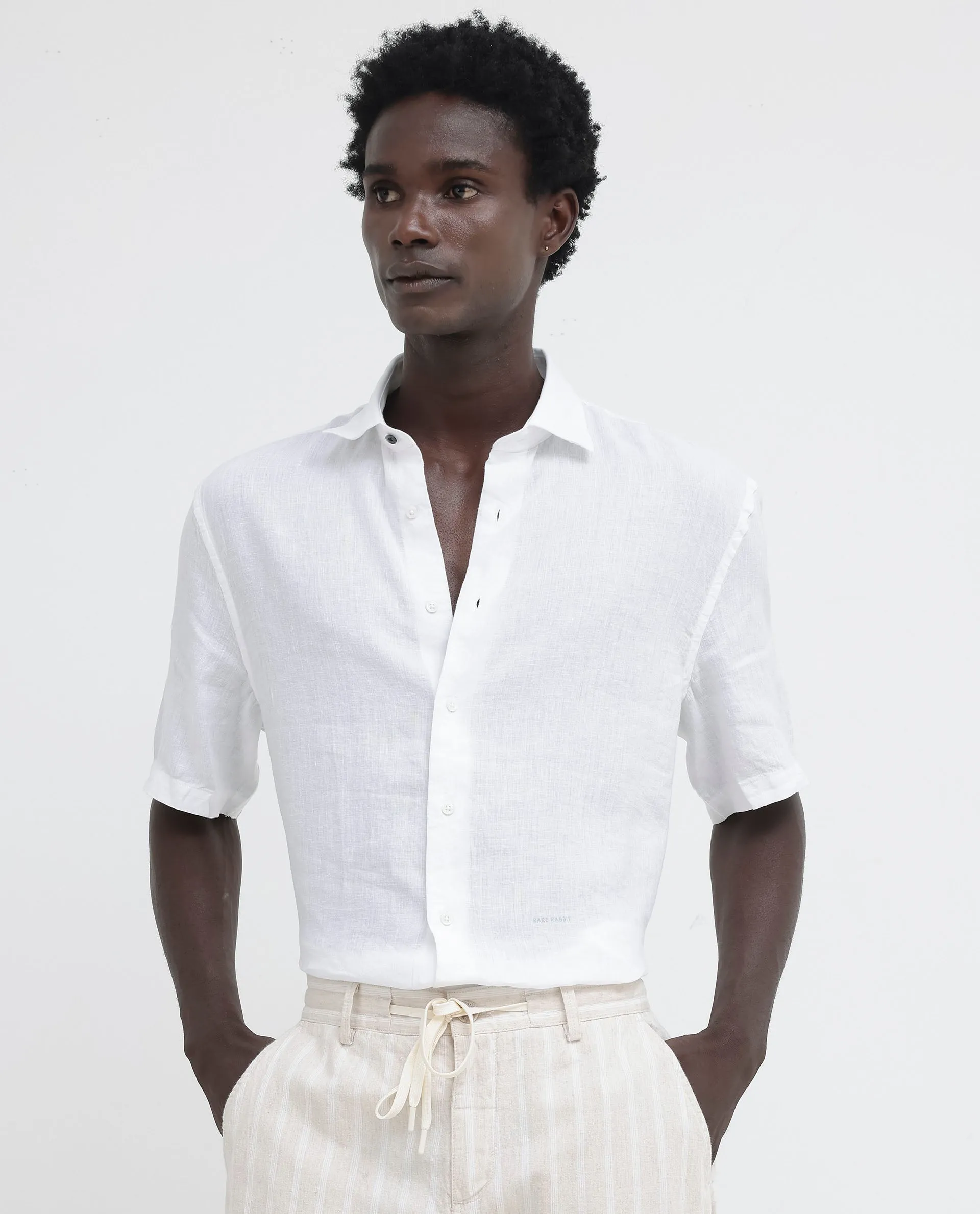 Rare Rabbit Men's Linex-1 SS White Linen Excel Fabric Half Sleeves Boxy Fit Solid Shirt