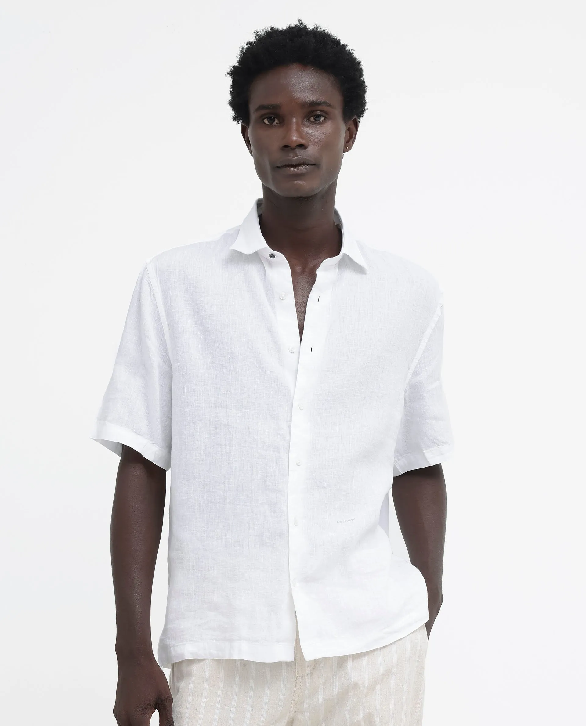 Rare Rabbit Men's Linex-1 SS White Linen Excel Fabric Half Sleeves Boxy Fit Solid Shirt