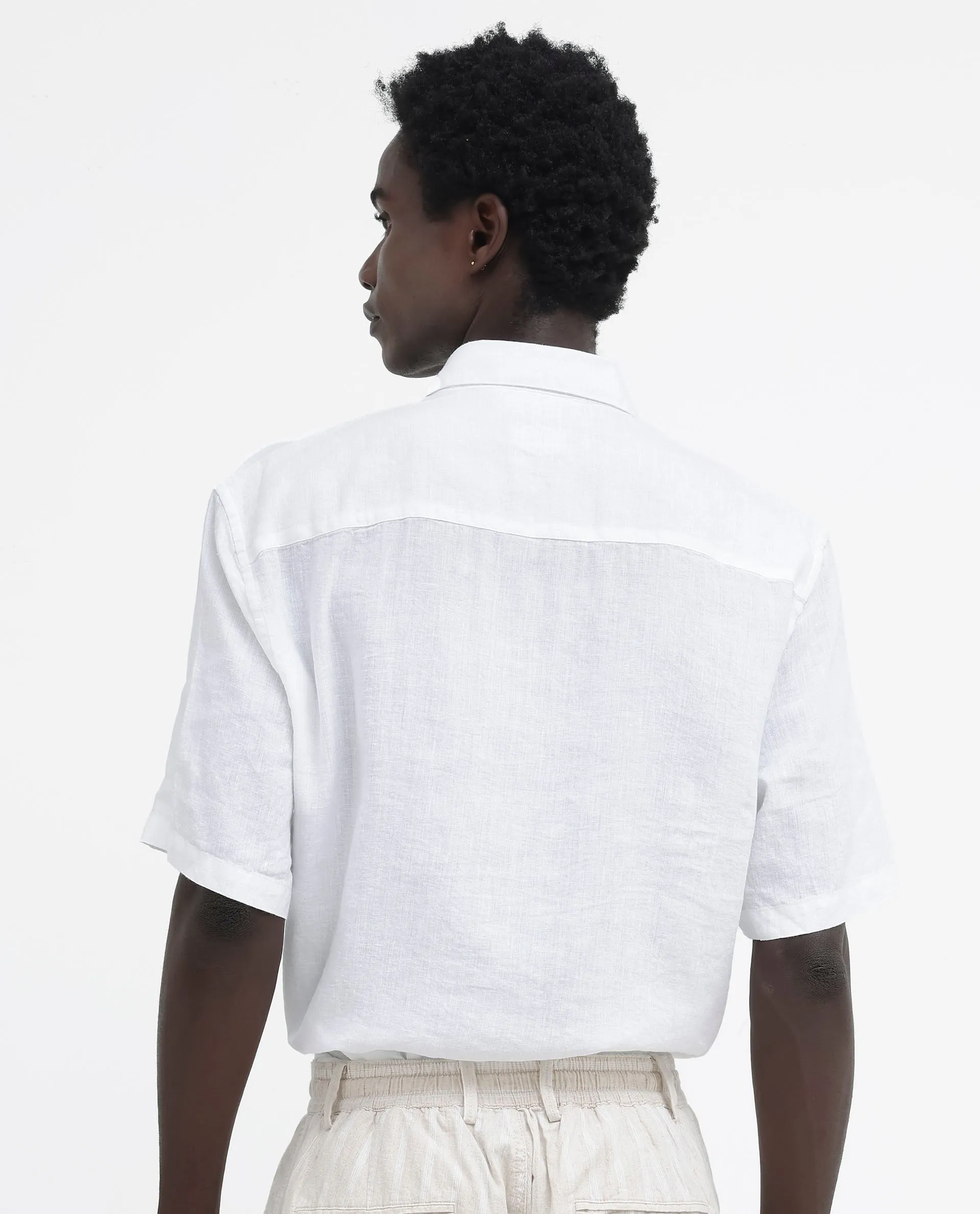 Rare Rabbit Men's Linex-1 SS White Linen Excel Fabric Half Sleeves Boxy Fit Solid Shirt