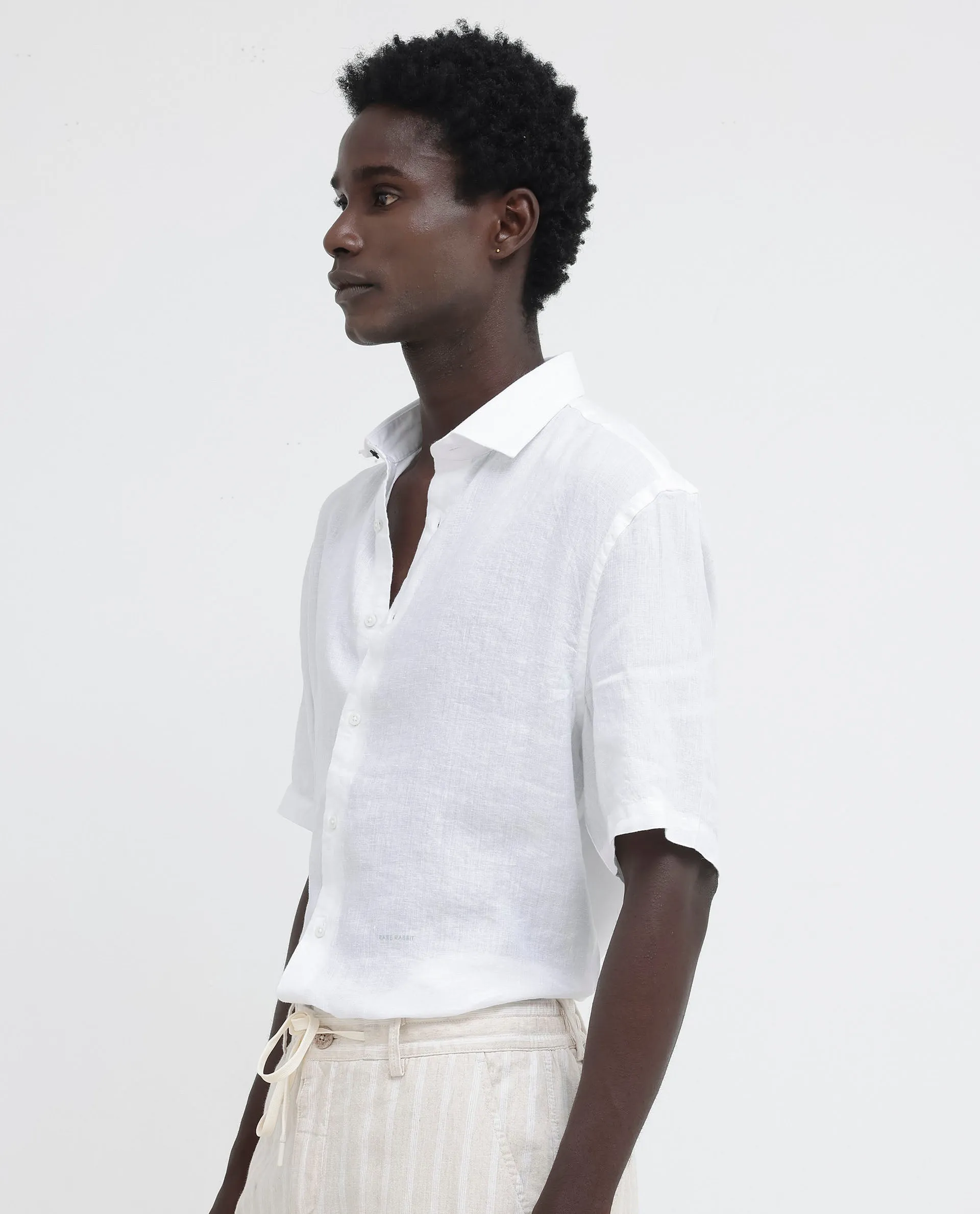Rare Rabbit Men's Linex-1 SS White Linen Excel Fabric Half Sleeves Boxy Fit Solid Shirt