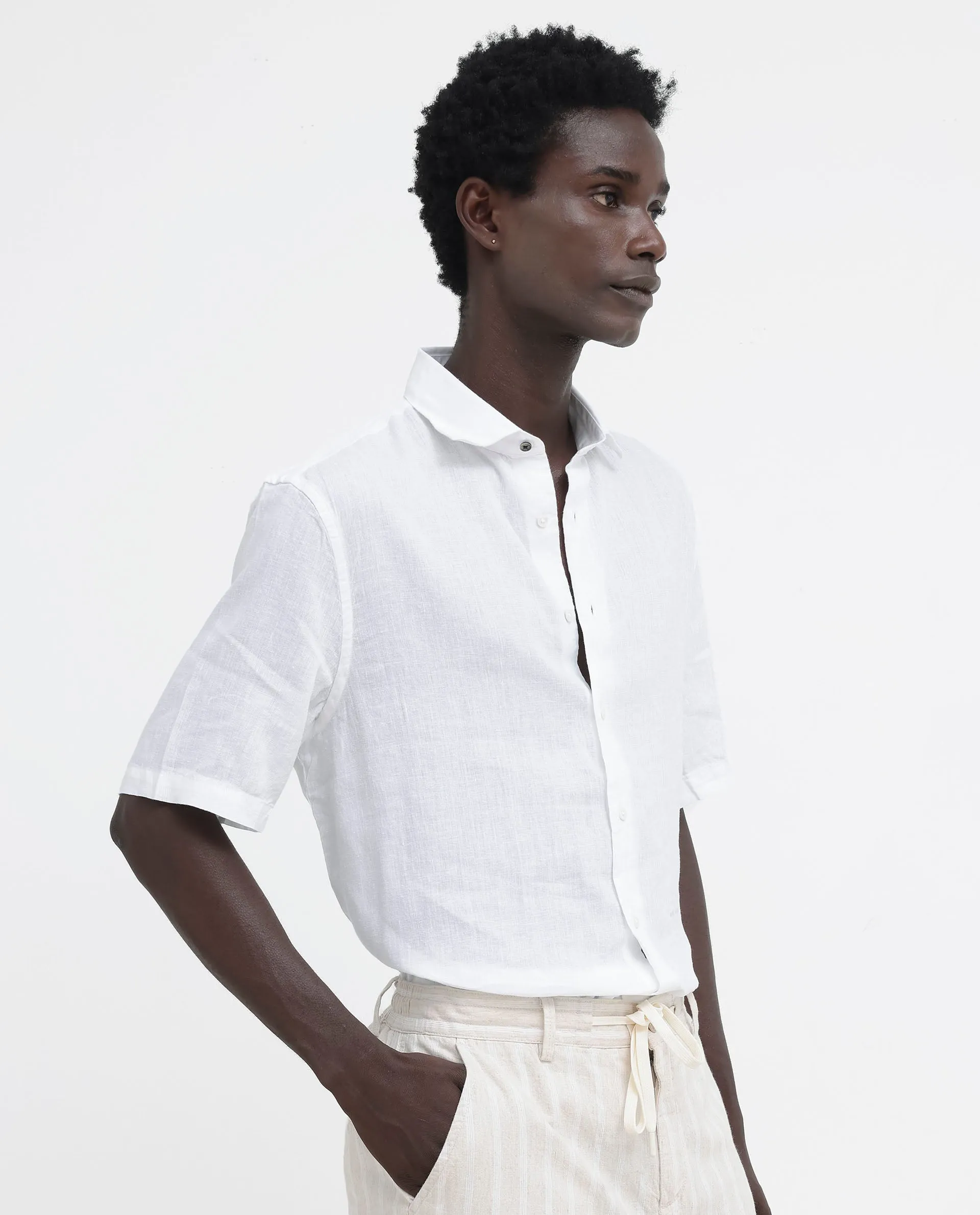 Rare Rabbit Men's Linex-1 SS White Linen Excel Fabric Half Sleeves Boxy Fit Solid Shirt