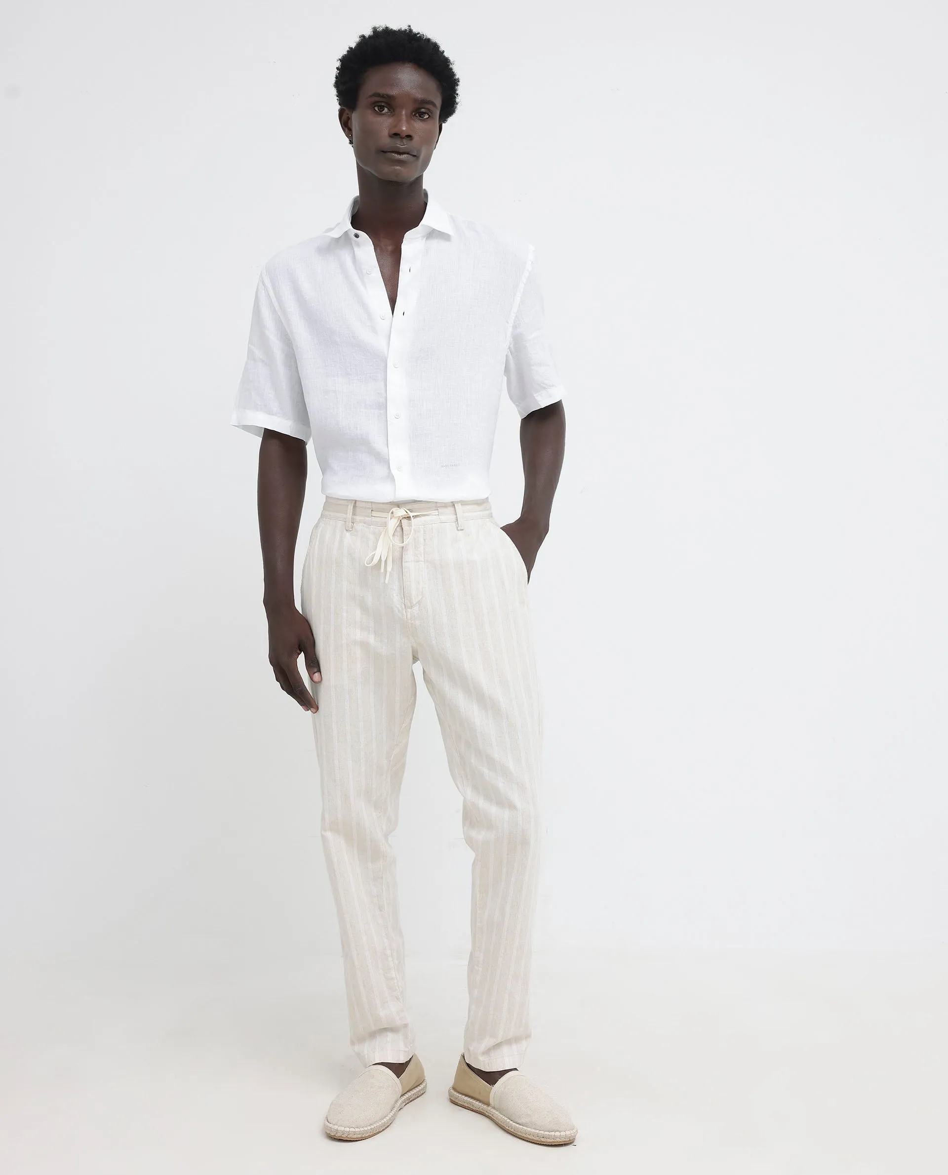 Rare Rabbit Men's Linex-1 SS White Linen Excel Fabric Half Sleeves Boxy Fit Solid Shirt