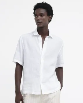 Rare Rabbit Men's Linex-1 SS White Linen Excel Fabric Half Sleeves Boxy Fit Solid Shirt