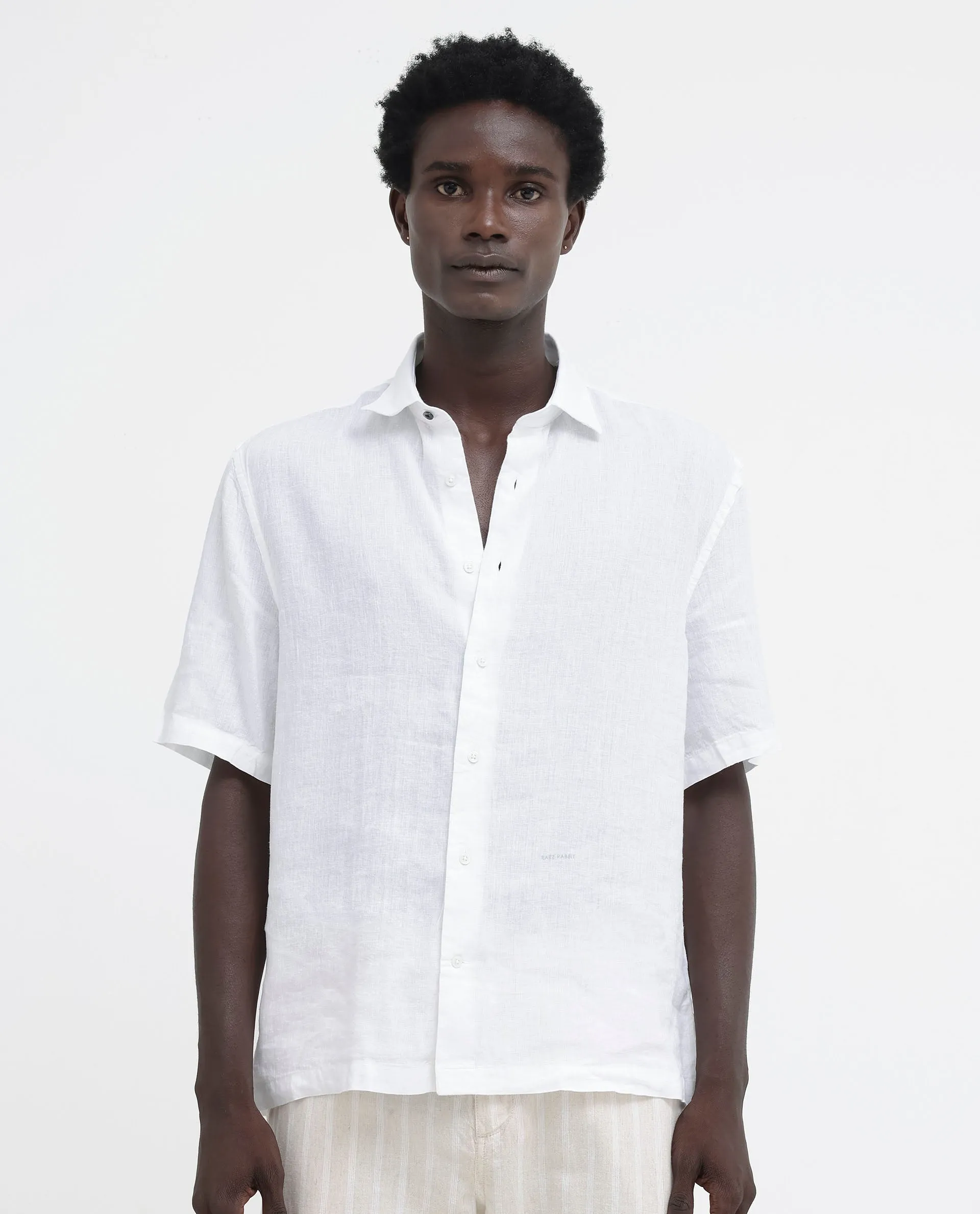 Rare Rabbit Men's Linex-1 SS White Linen Excel Fabric Half Sleeves Boxy Fit Solid Shirt