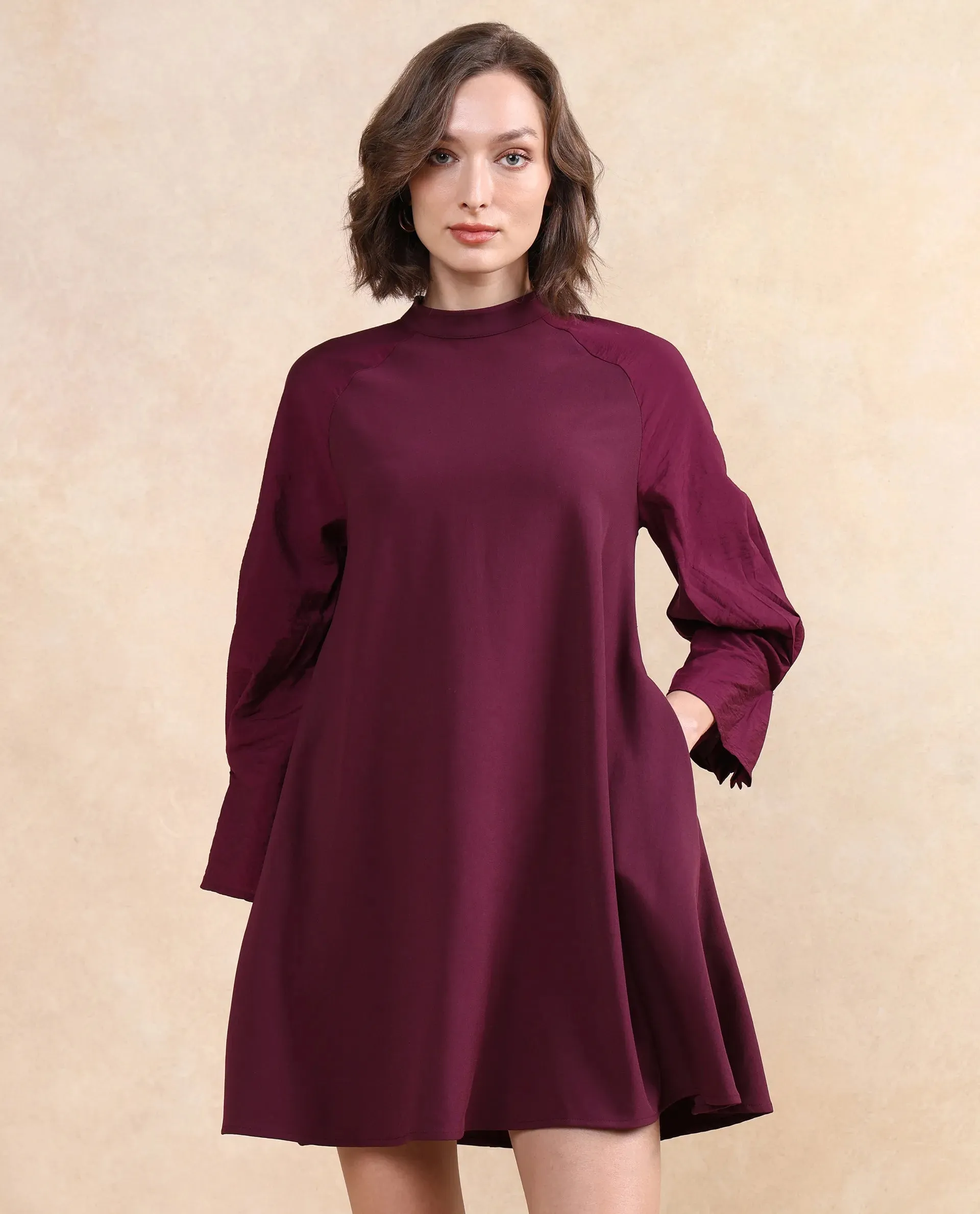 Rareism Women Cayman Maroon Polyester Fabric Fashion Sleeve High Neck Zipper Closure Straight Fit Midi Plain Dress