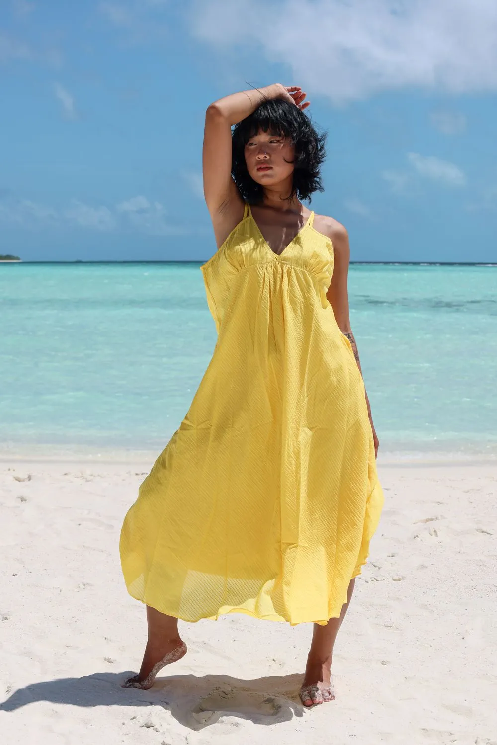 Recycled Cotton Yellow Solid Midi Dress