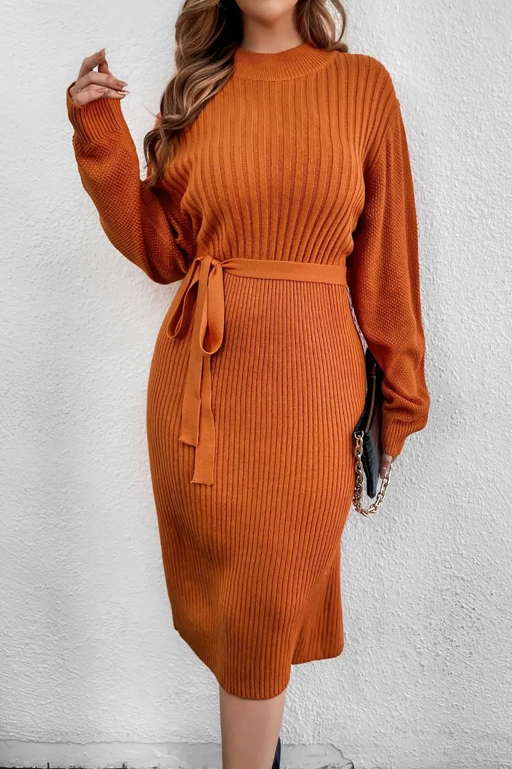 Ribbed Belted Oversized Sleeves Sweater Dress