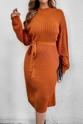 Ribbed Belted Oversized Sleeves Sweater Dress