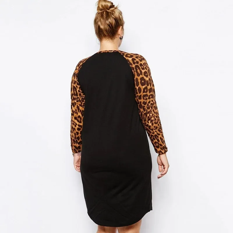 R'l European and American plus Plus Size Women's Leopard Print Printed Patchwork Long Sleeves Casual Dress Athleisure Casual Skirt 1210