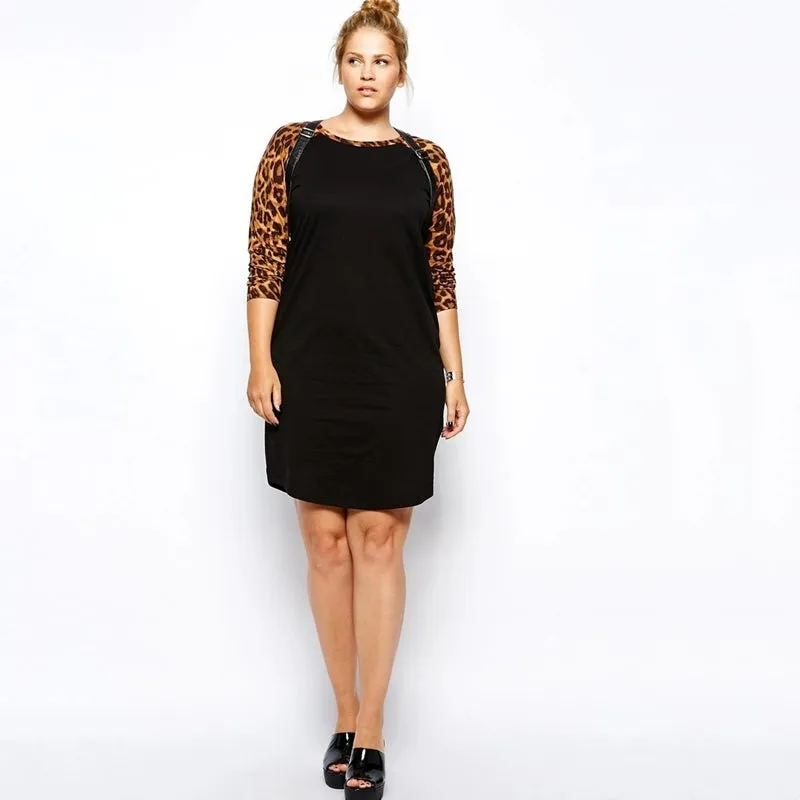 R'l European and American plus Plus Size Women's Leopard Print Printed Patchwork Long Sleeves Casual Dress Athleisure Casual Skirt 1210
