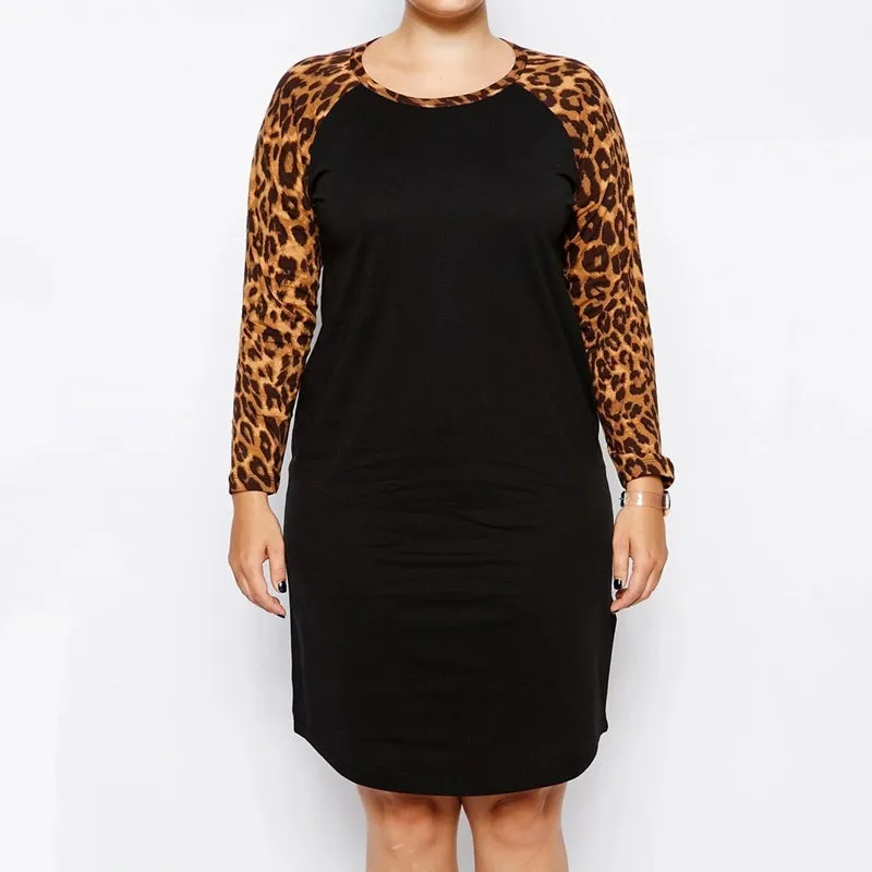 R'l European and American plus Plus Size Women's Leopard Print Printed Patchwork Long Sleeves Casual Dress Athleisure Casual Skirt 1210