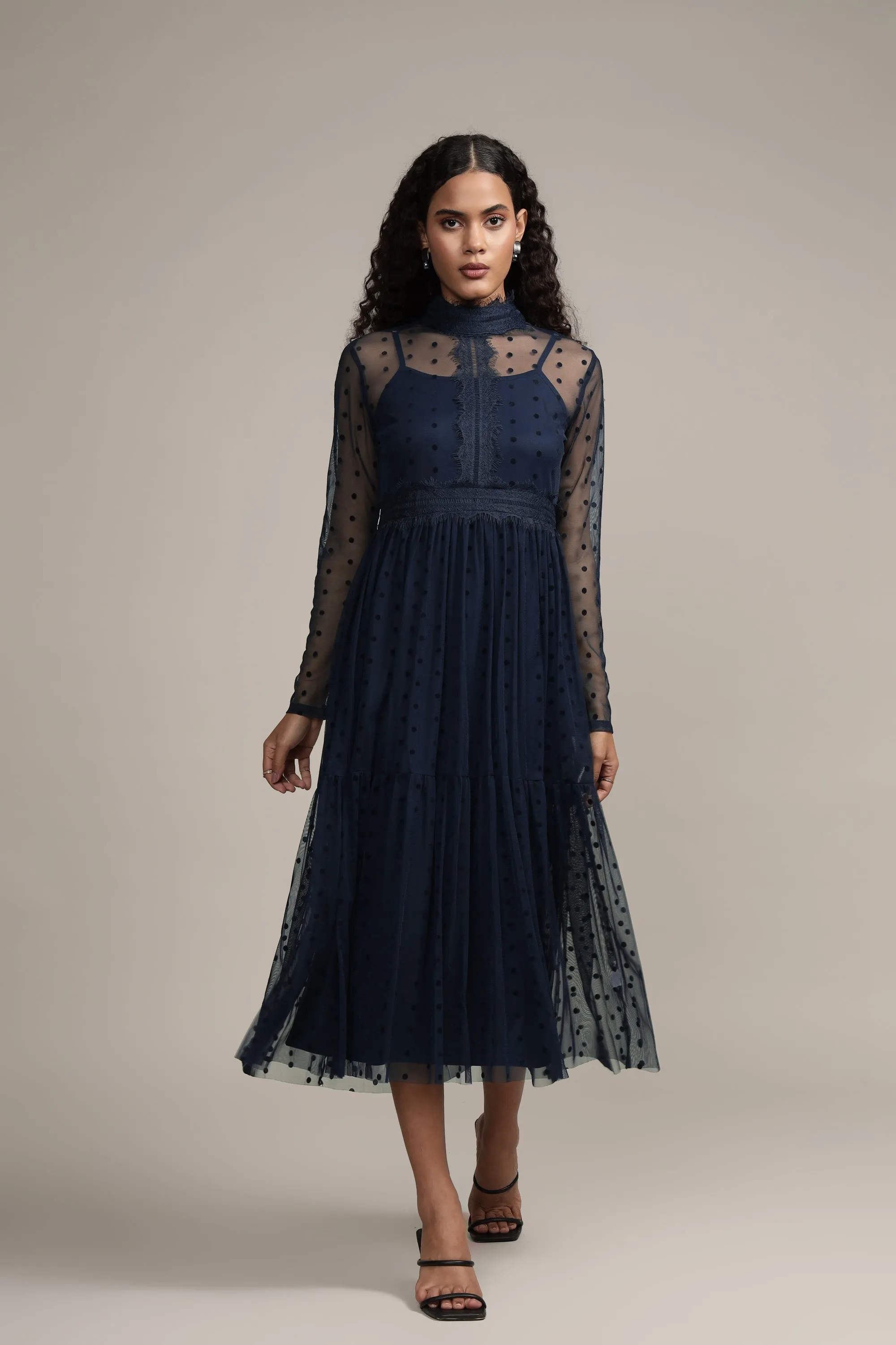 Roman Lola Polka Dot Midi Dress in Navy Blue