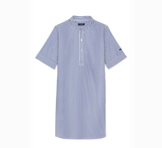 SAINT JAMES - Cotton Pinstriped Shirt Dress in White and Navy