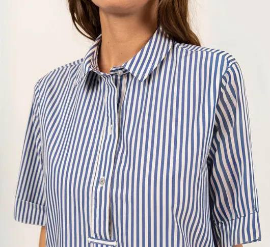 SAINT JAMES - Cotton Pinstriped Shirt Dress in White and Navy