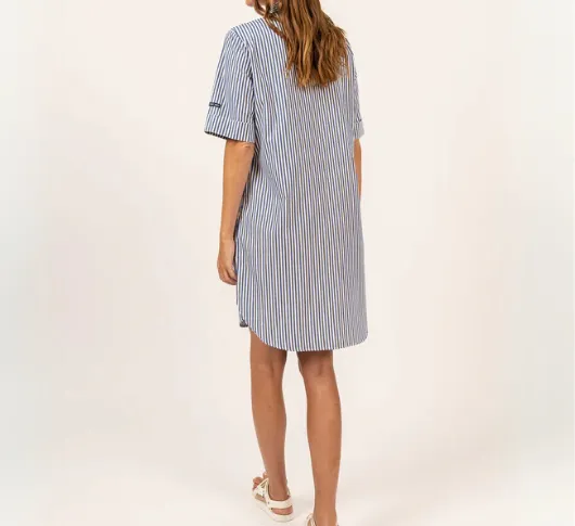SAINT JAMES - Cotton Pinstriped Shirt Dress in White and Navy