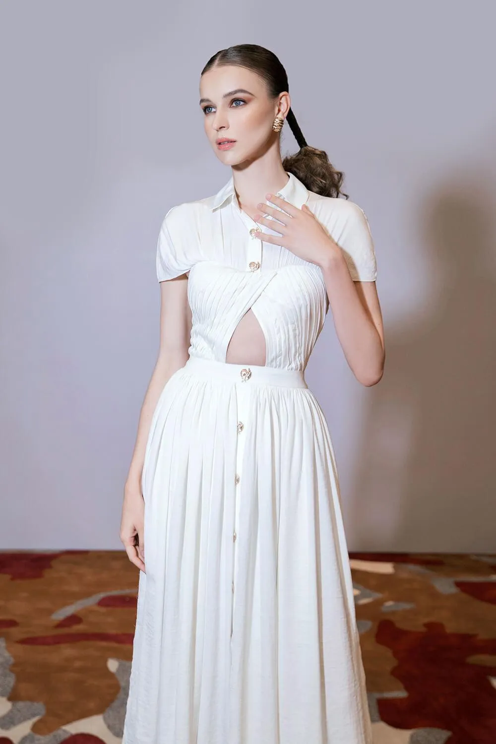 Savannah Pleated Cut-Out Linen Midi Dress