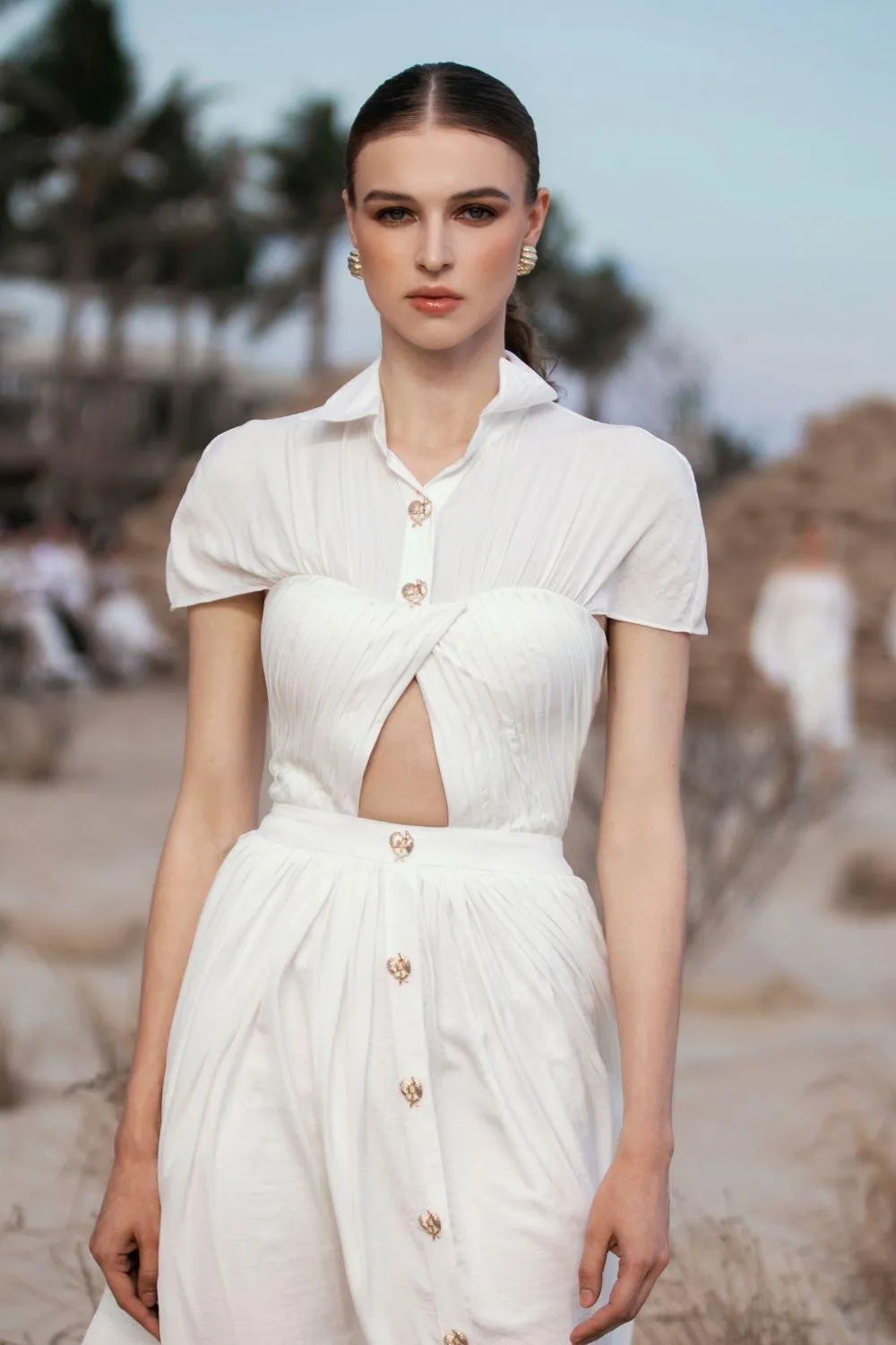 Savannah Pleated Cut-Out Linen Midi Dress