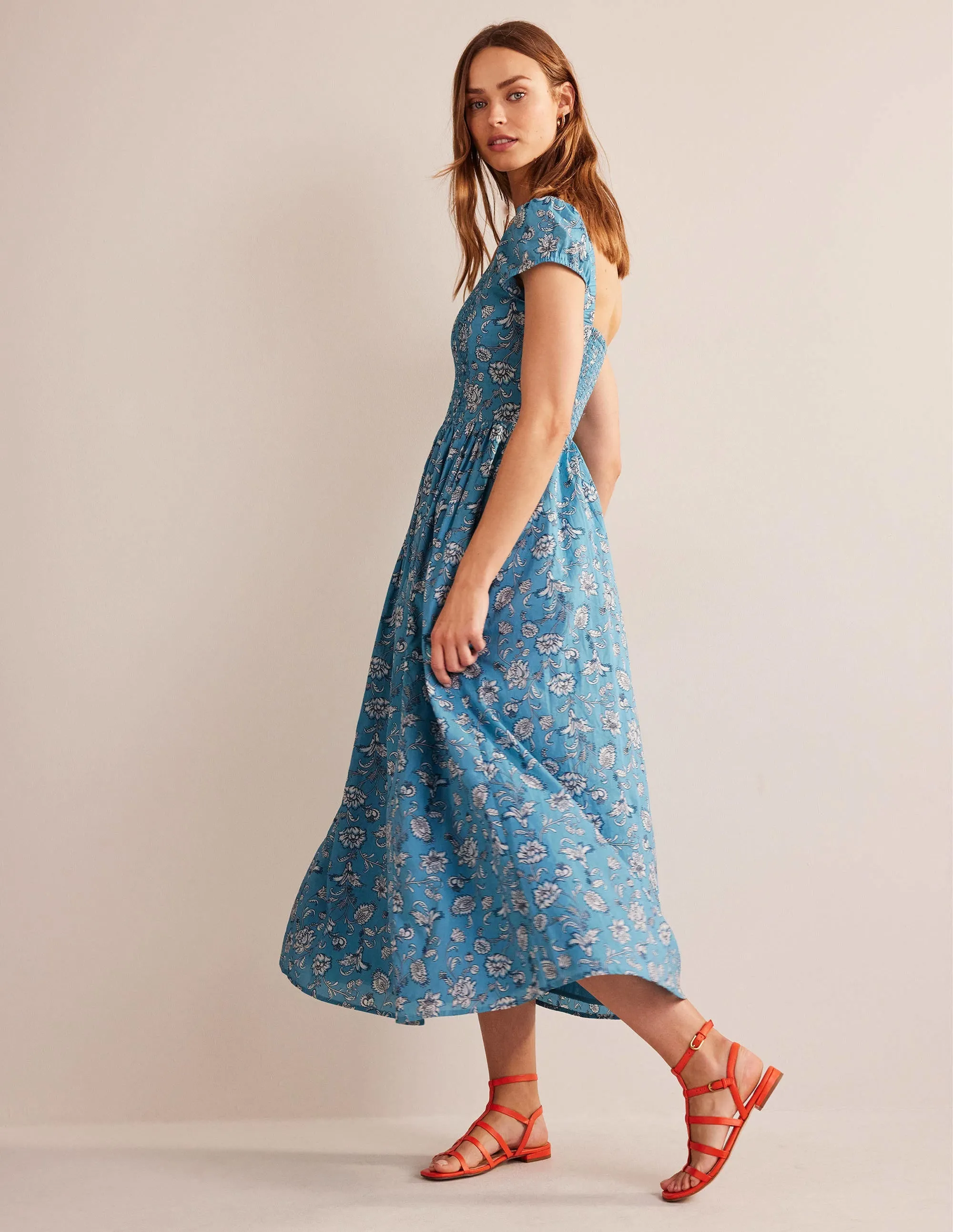 Scoop-Neck Smocked Midi Dress-Delphinium Blue, Meadow Fall