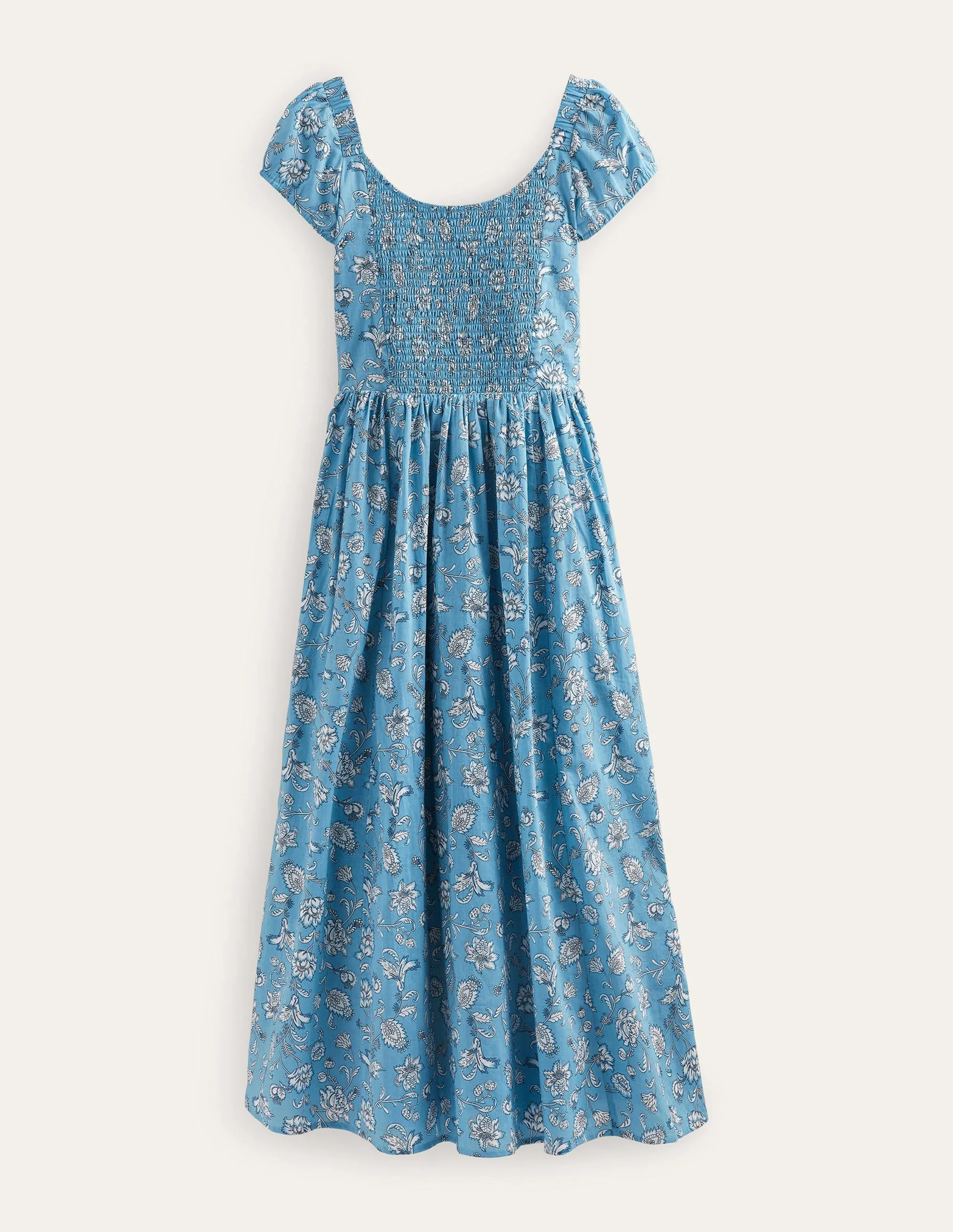 Scoop-Neck Smocked Midi Dress-Delphinium Blue, Meadow Fall