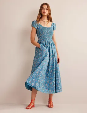 Scoop-Neck Smocked Midi Dress-Delphinium Blue, Meadow Fall