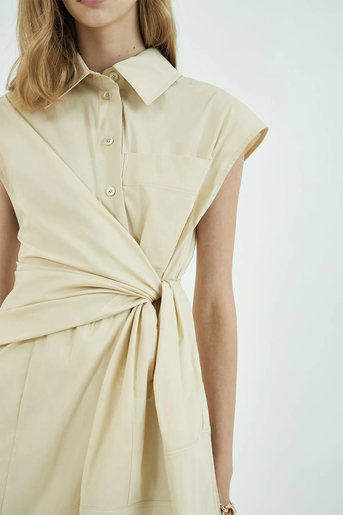 Self-tie belted french-sleeve shirt dress