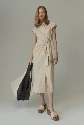 Self-tie belted french-sleeve shirt dress