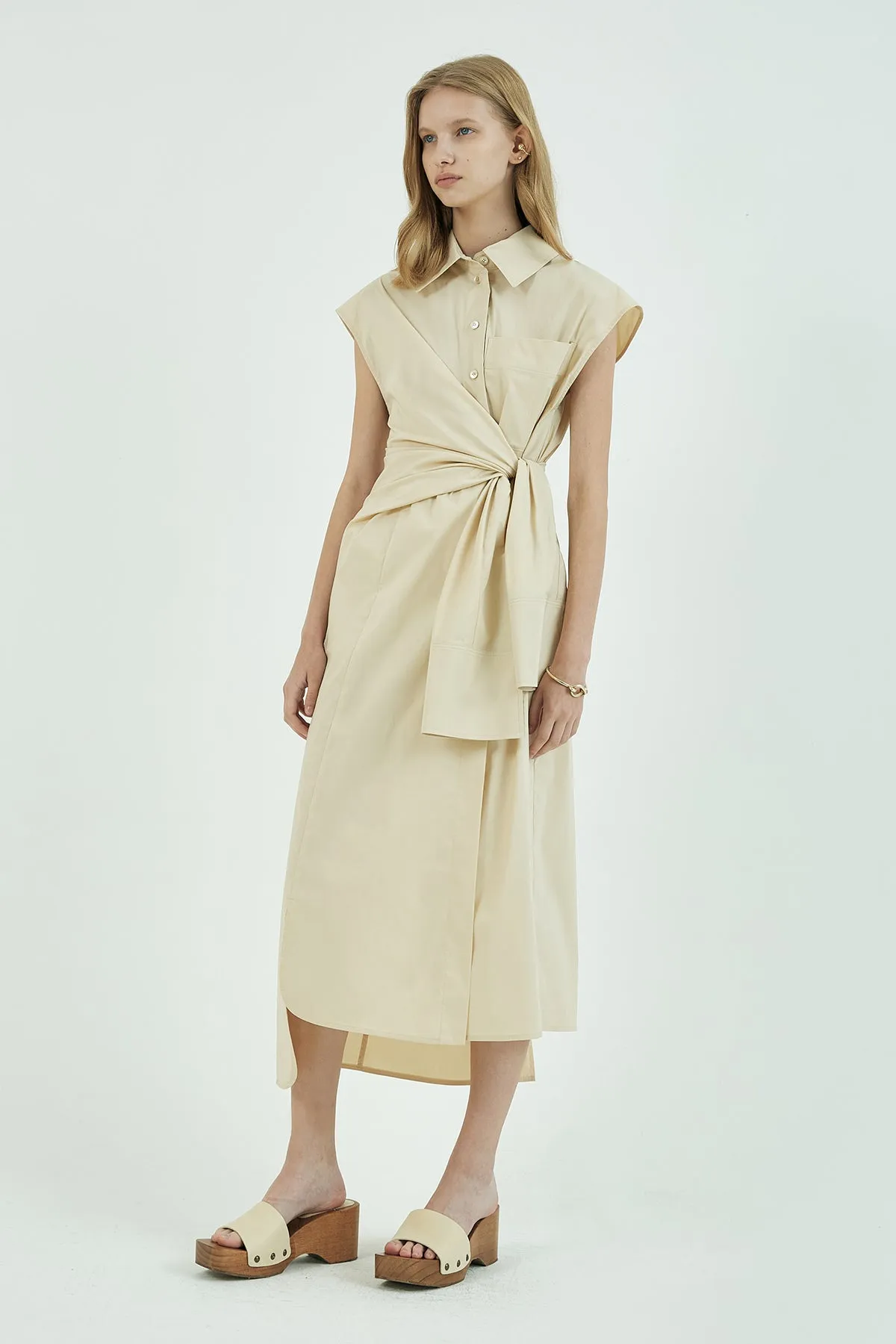 Self-tie belted french-sleeve shirt dress