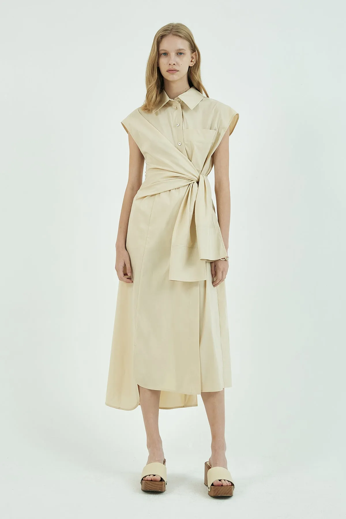 Self-tie belted french-sleeve shirt dress