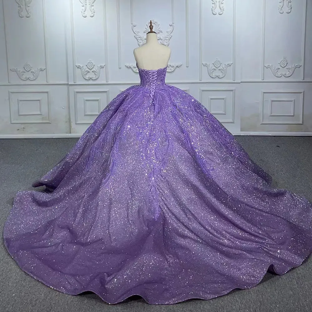 Sequined Beaded Purple Lace Ball Gown Sweetheart Party Dress