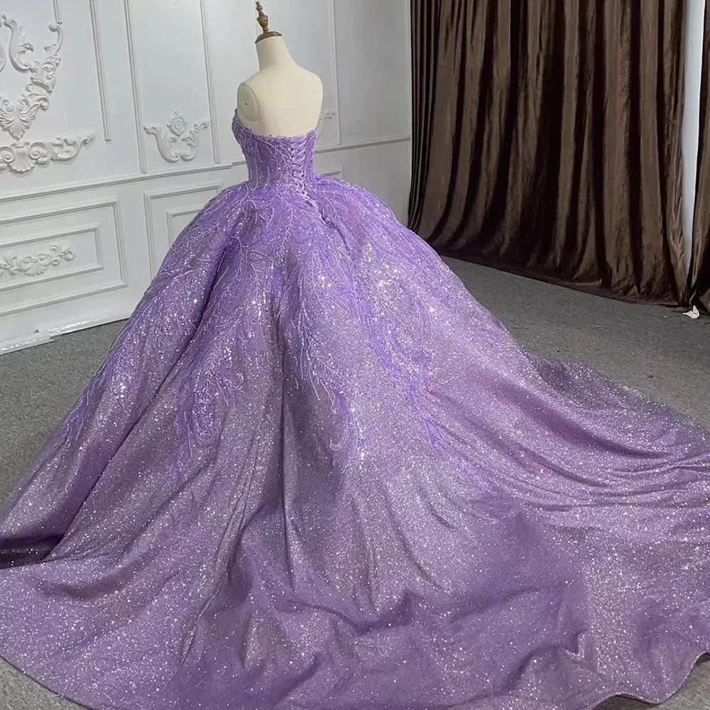 Sequined Beaded Purple Lace Ball Gown Sweetheart Party Dress