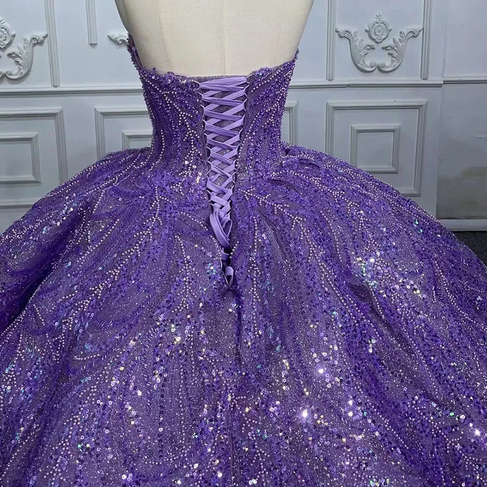 Sequined Beaded Purple Lace Ball Gown Sweetheart Party Dress
