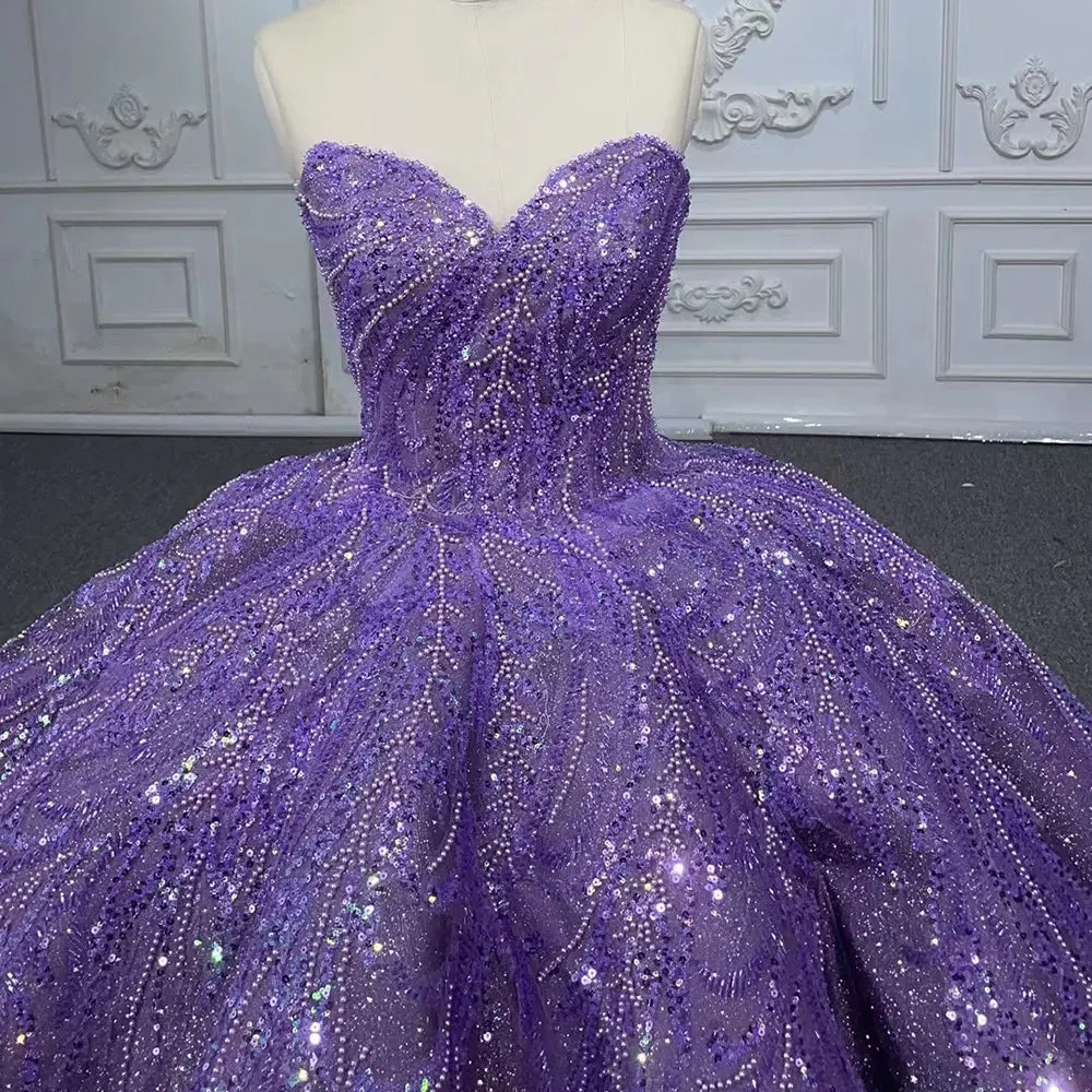 Sequined Beaded Purple Lace Ball Gown Sweetheart Party Dress
