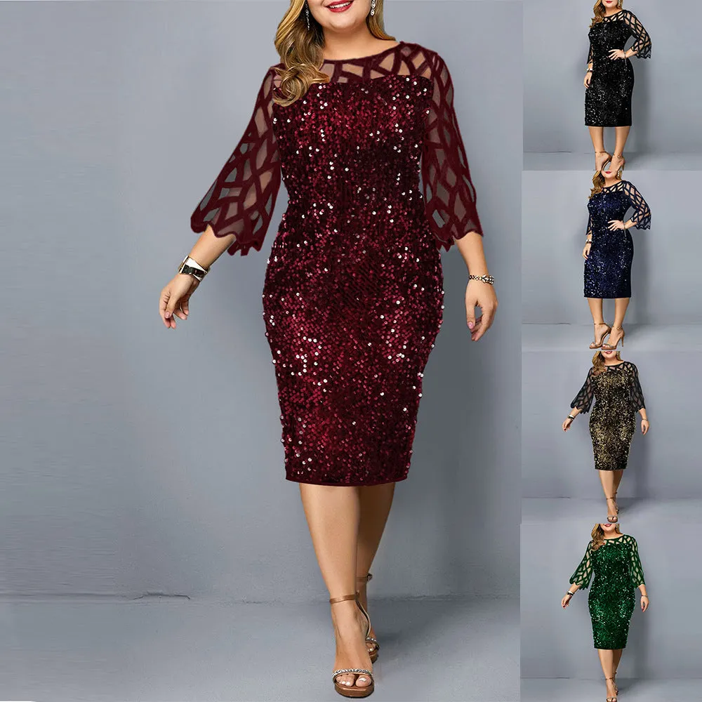 Sexy Sequined Midi Plus Size Formal Dress