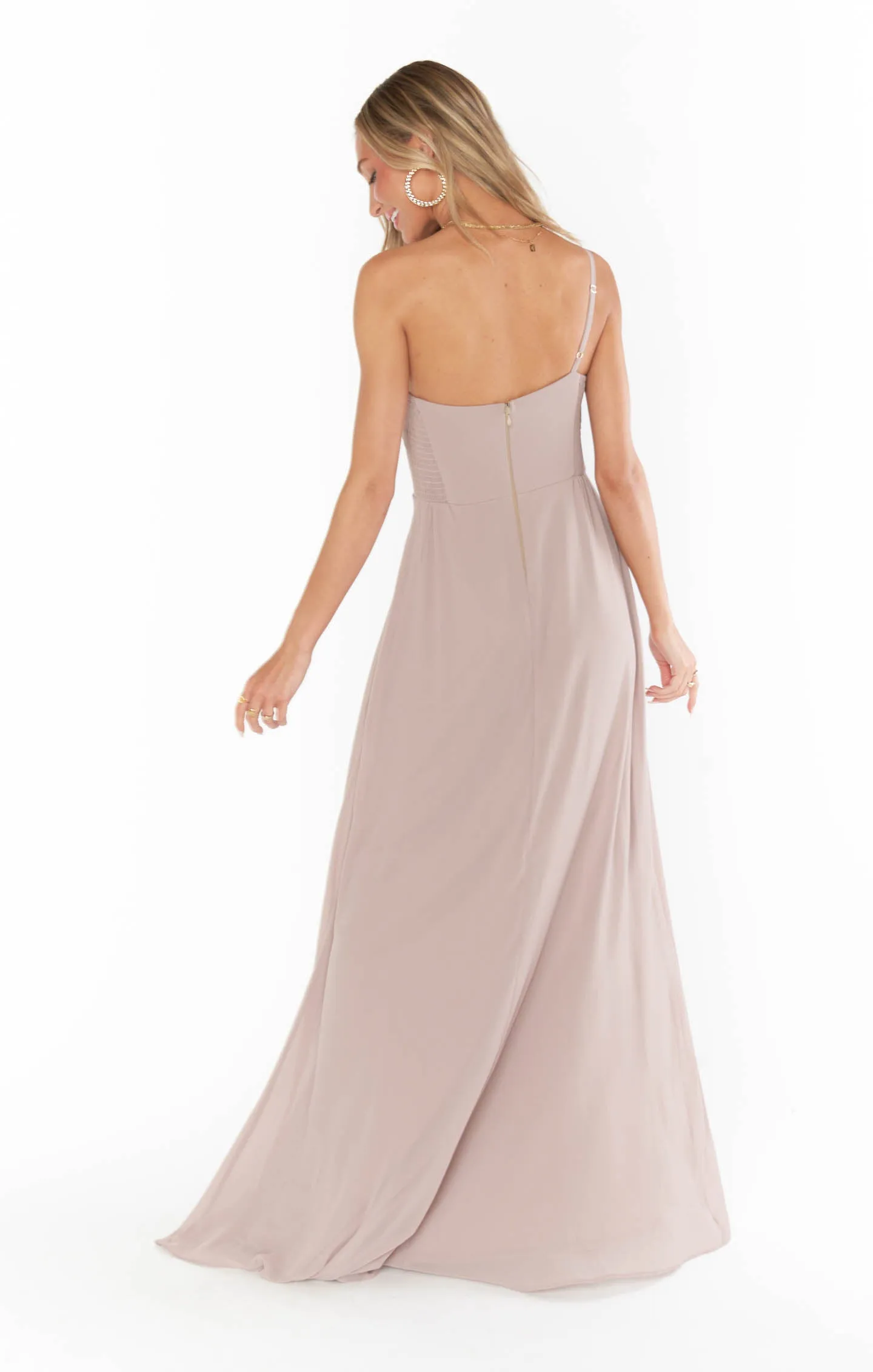 Shannon One Shoulder Dress ~ Soft Beige Chiffon